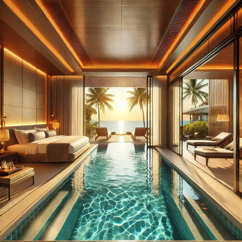 Nahaufnahme eines luxuriösen Swim Up Zimmers mit privatem Pool in der Mitte des Zimmers